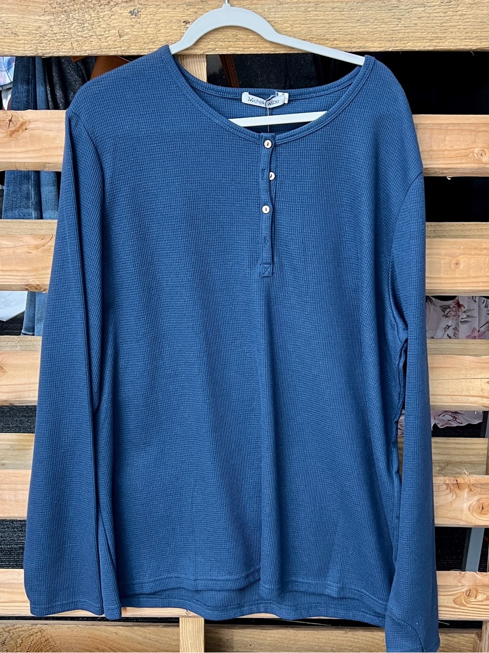 Michelle Mae Slate Blue Waffle-Knit Henley Long-Sleeve Top